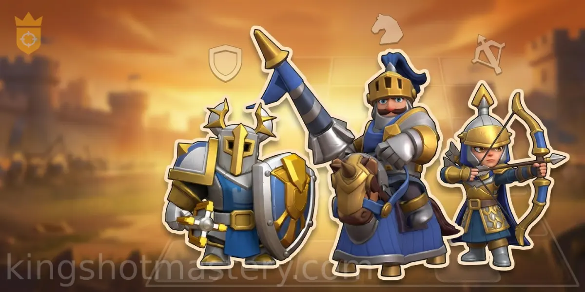 Kingshot troop formations guide header showing optimal rally, defense, and PvP ratios