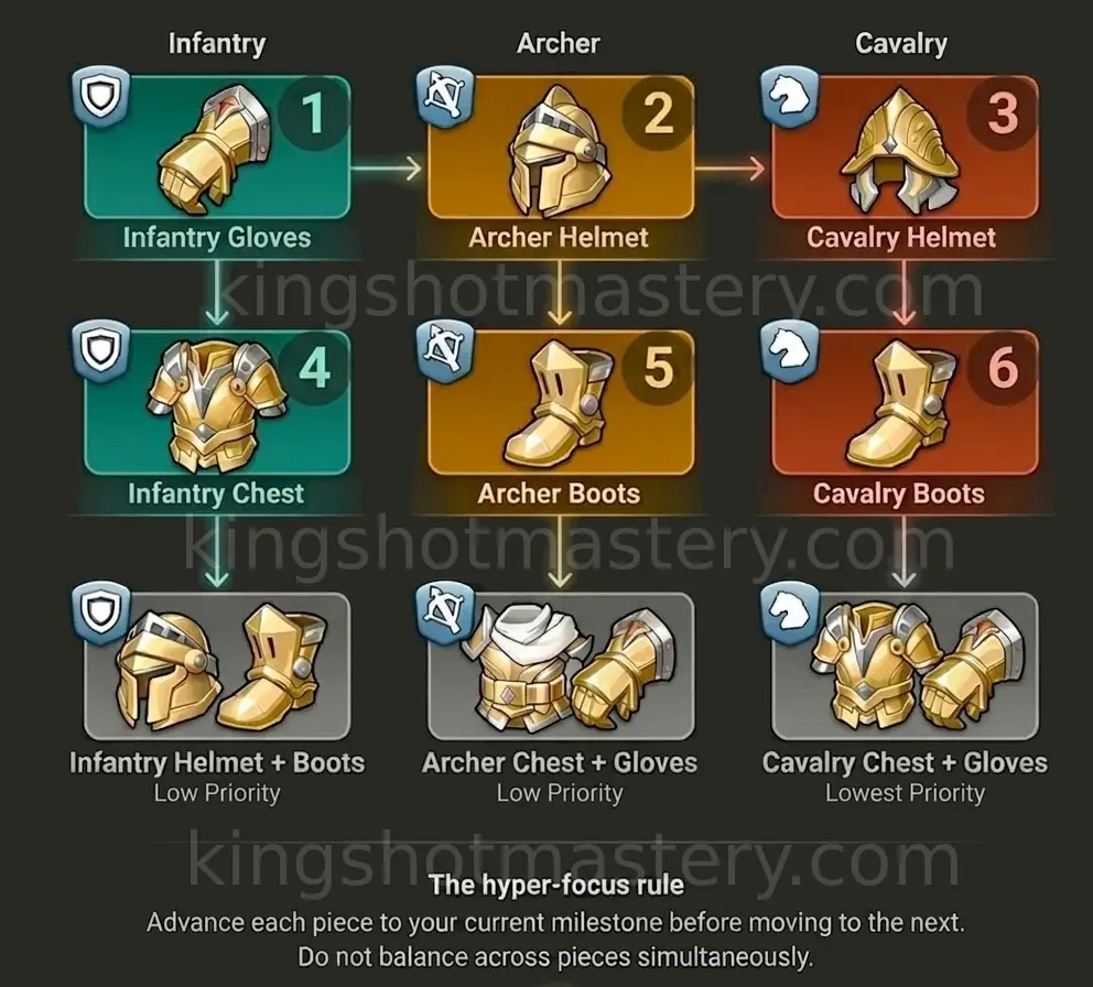 Kingshot gear priority flowchart showing the optimal upgrade path for Infantry Gloves, Archer Helmet, and Cavalry Helmet — community verified March 2026